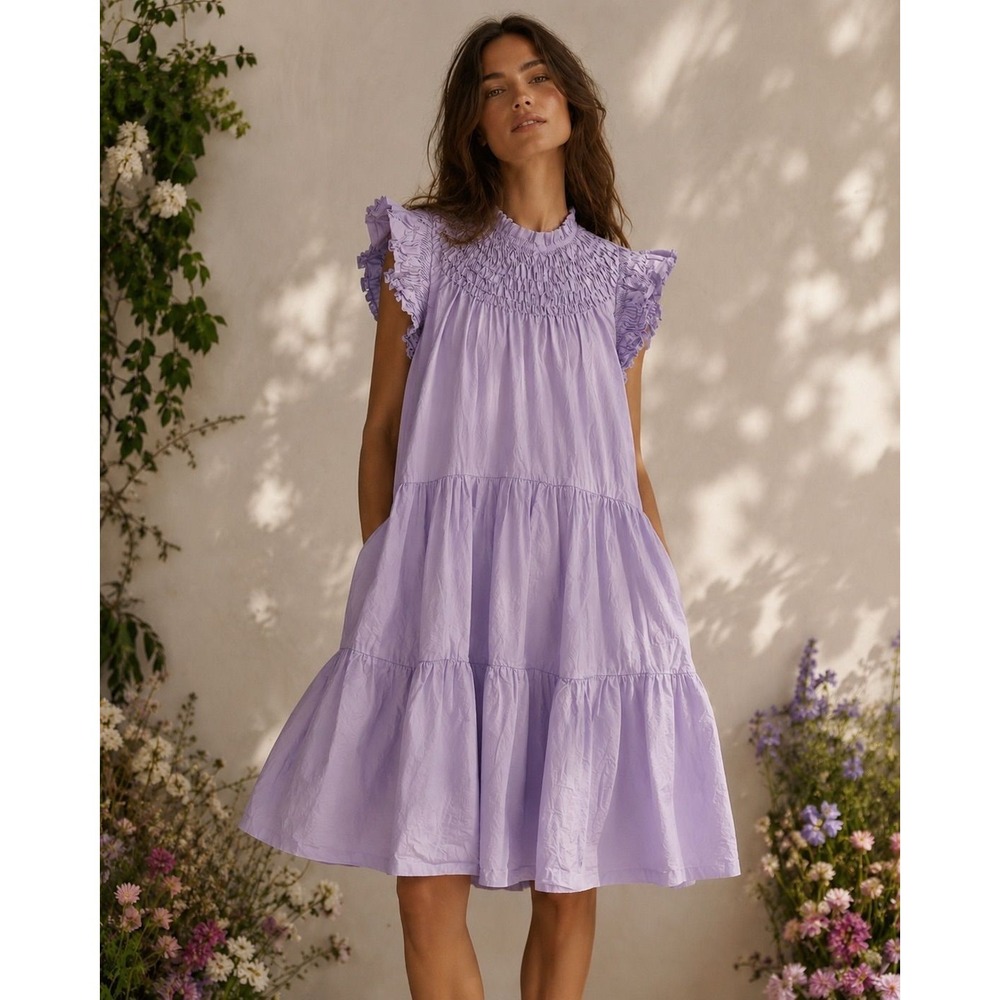 SEA New York Flutter Sleeve Tiered Babydoll Mini Dress Size Medium Purple Pocket